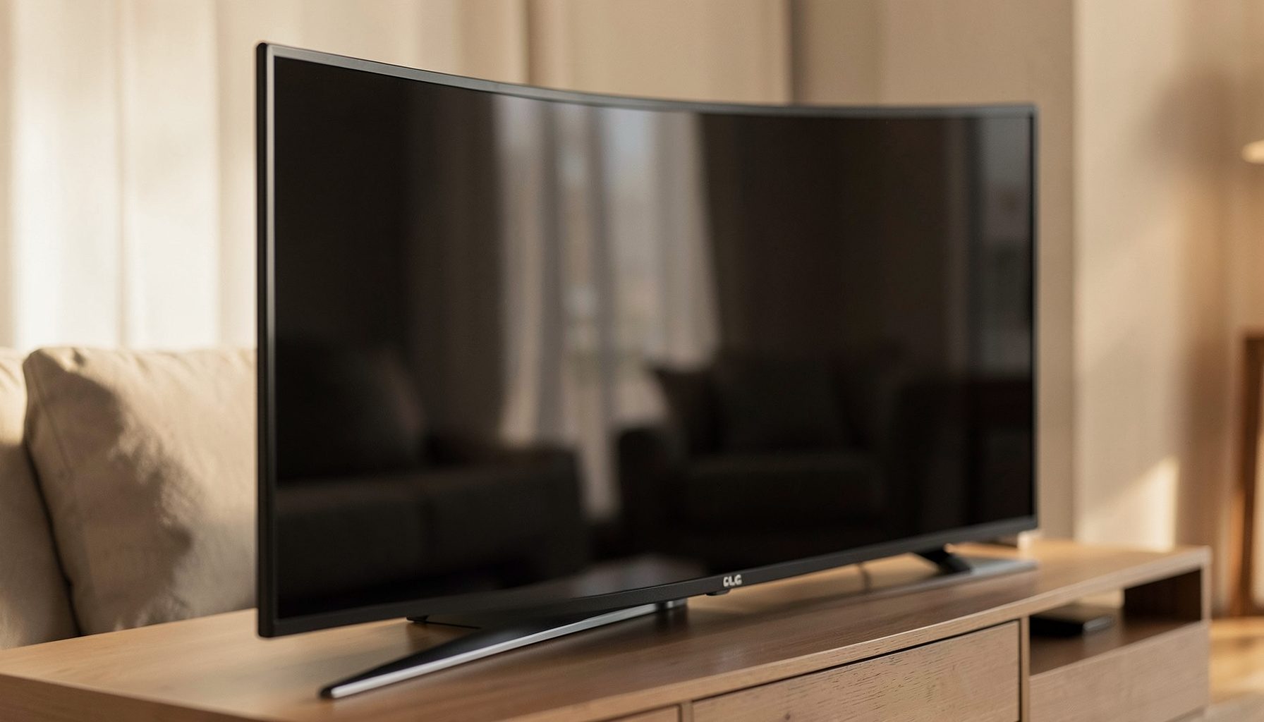 Close-up of a modern LG television screen in a softly lit living room, warm neutral tones with subtle reflections on the display