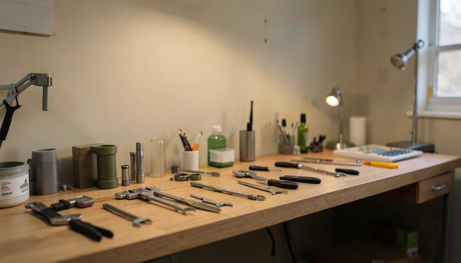 A softly lit technician's workspace with tools arranged neatly on a wooden bench, warm neutral tones and muted olive accents