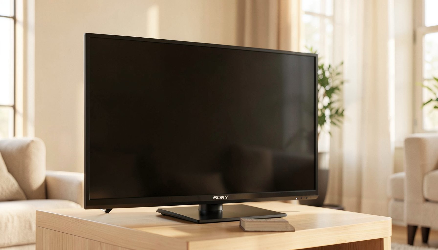 Close-up of a modern Sony flat-screen television in a bright living room, warm neutral tones with soft natural light