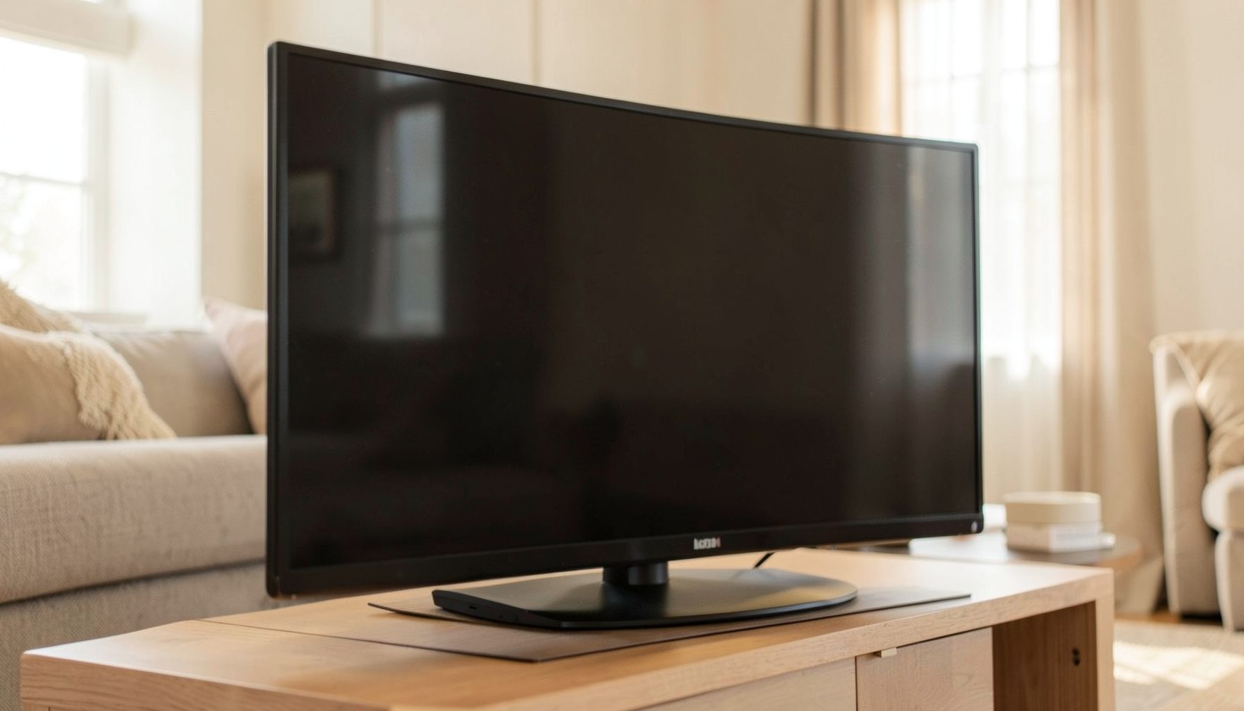 A modern flat-screen television in a bright living room with warm neutral tones and soft natural light