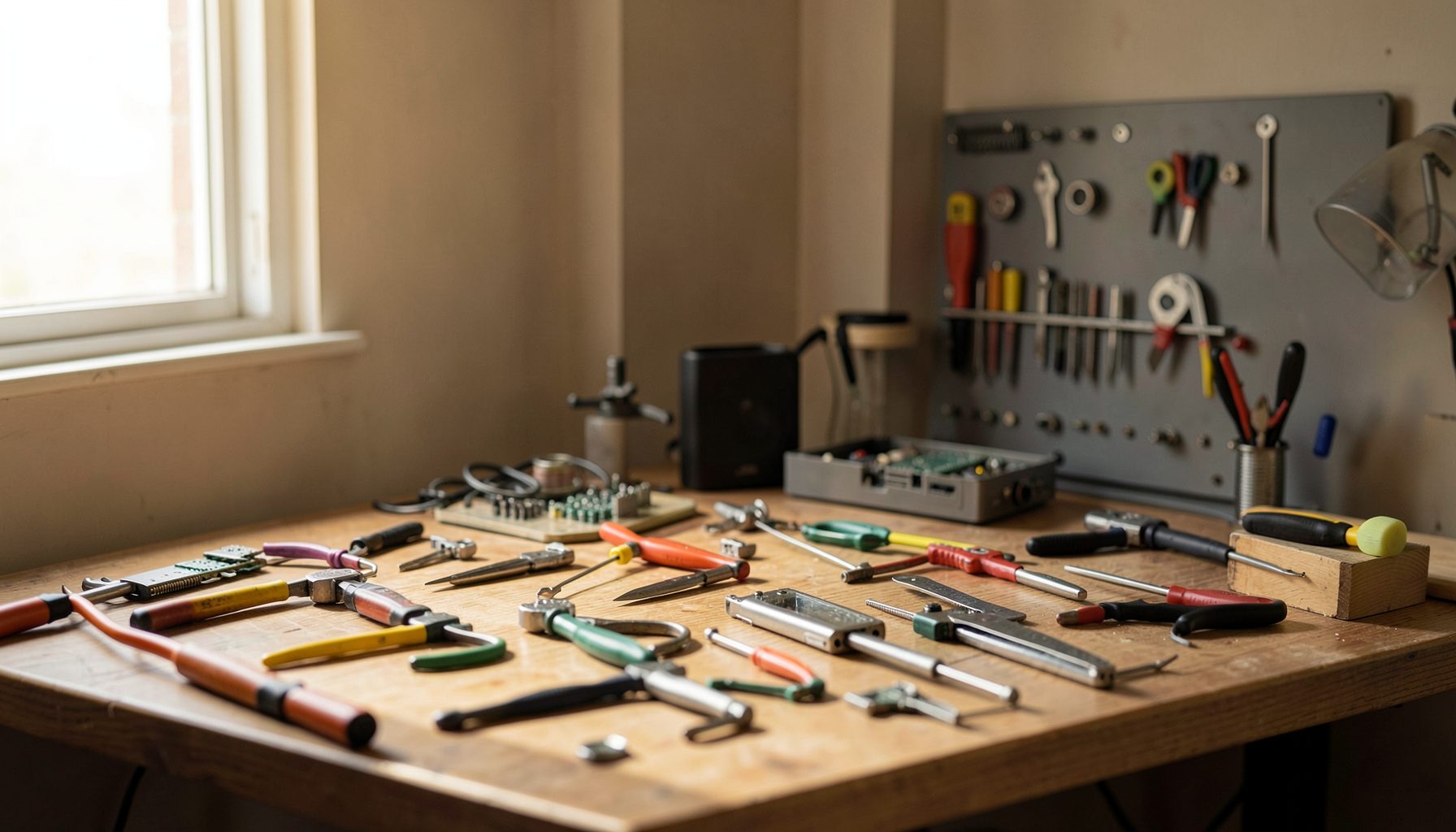 A clean, well-organized electronics repair workspace with tools neatly arranged on a wooden bench, warm natural light filling the room