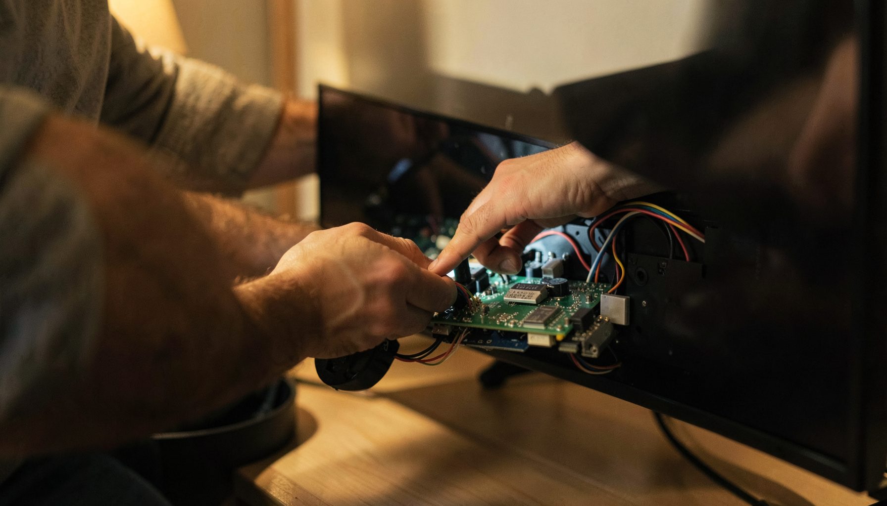 A technician's hands carefully working on the internal circuit board of a modern flat-screen television, warm indoor lighting with a focused and professional atmosphere